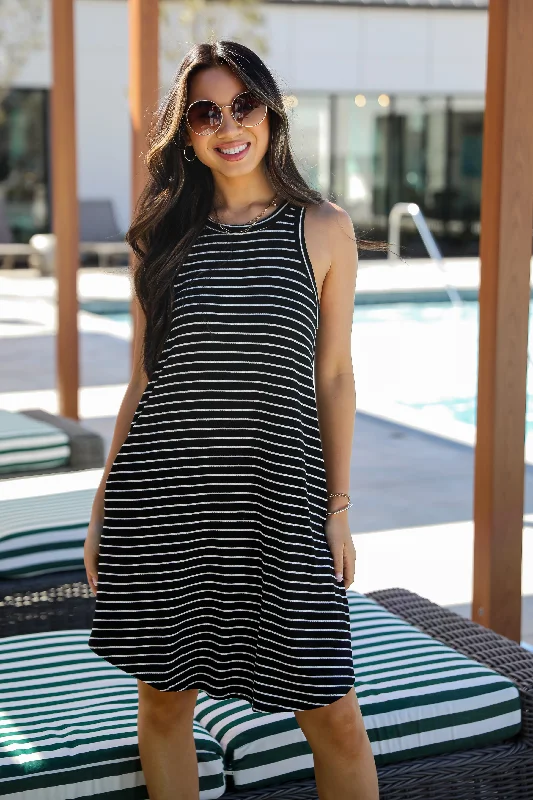 Closeout Sale FINAL SALE - Do Not Disturb Black Striped Mini Dress - DU DEAL