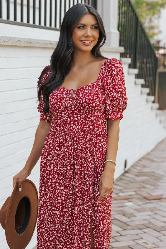 Bargain Prices Wine Floral Print Smocked Maxi Dress - FINAL SALE