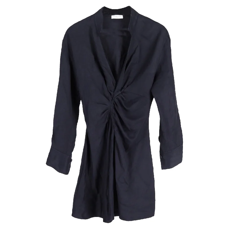 Final Sale Sandro Paris Gathered Front Detail Mini Long Sleeve Dress in Navy Blue Viscose