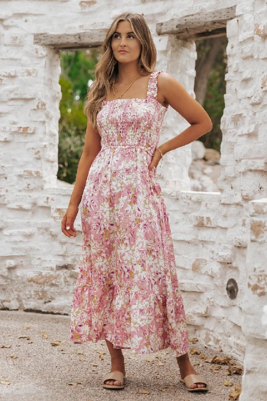 Huge Savings Caribbean Pink Floral Smocked Maxi Dress