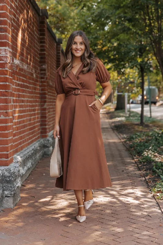 Early Bird Discount True Autumn Brown Belted Midi Dress - DOORBUSTER