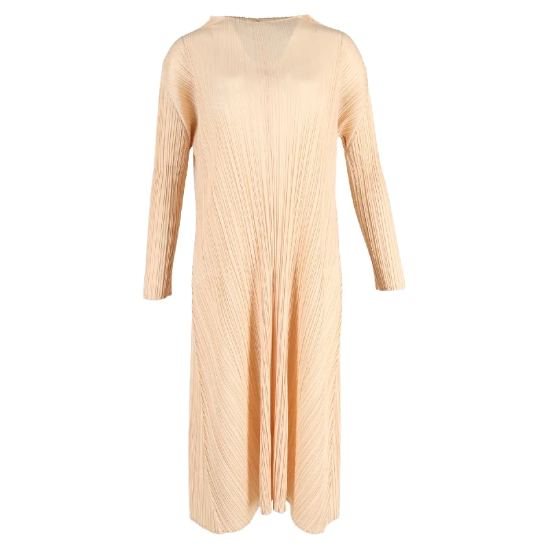 Exclusive Offers Issey Miyake Pleated Midi Long Sleeve Dress in Nude Polyester