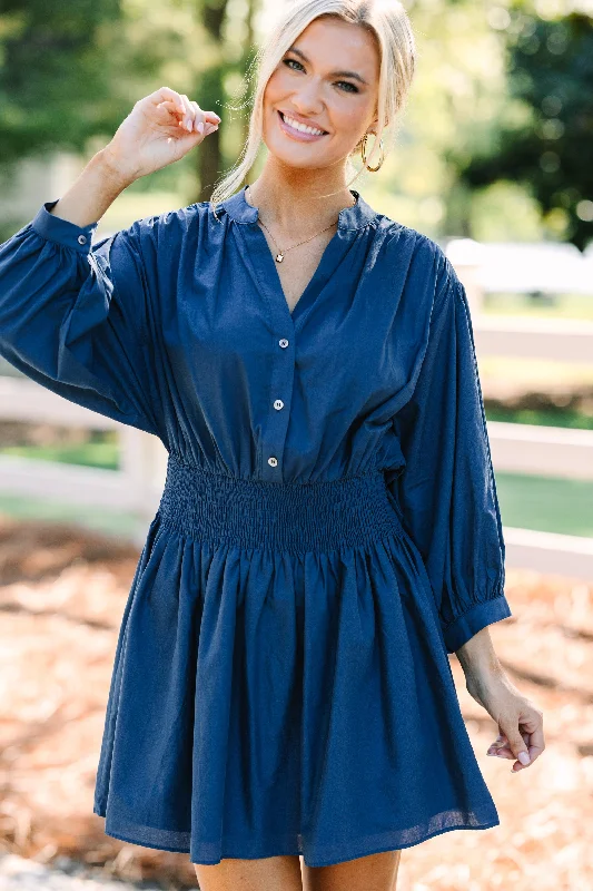 Discount Mania Pinch: Work For You Navy Blue Smocked Waist Dress