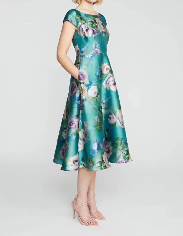 Great Deals Paula Mikado Floral Tea Length Dress In Rose Sonnet
