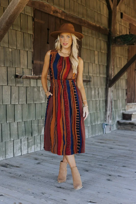Big Discounts Brown Multi Print Sleeveless Midi Dress - FINAL SALE