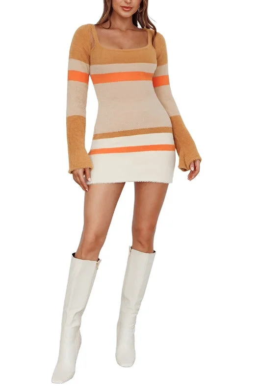 Daily Deals Fuzzy Knit Long Sleeved Multi Stripe Mini Dress