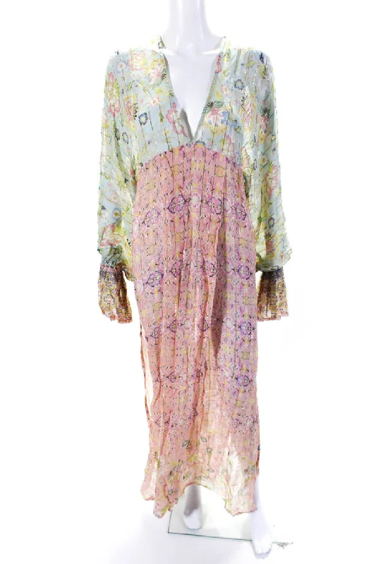 Deal Zone Hemant & Nandita Womens Metallic Floral Long Sleeve Maxi Dress Green