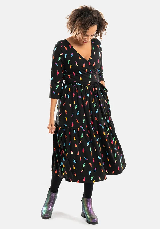 Massive Deals Ardin Lightning Bolt Print Tiered Hem Cotton Midi Dress