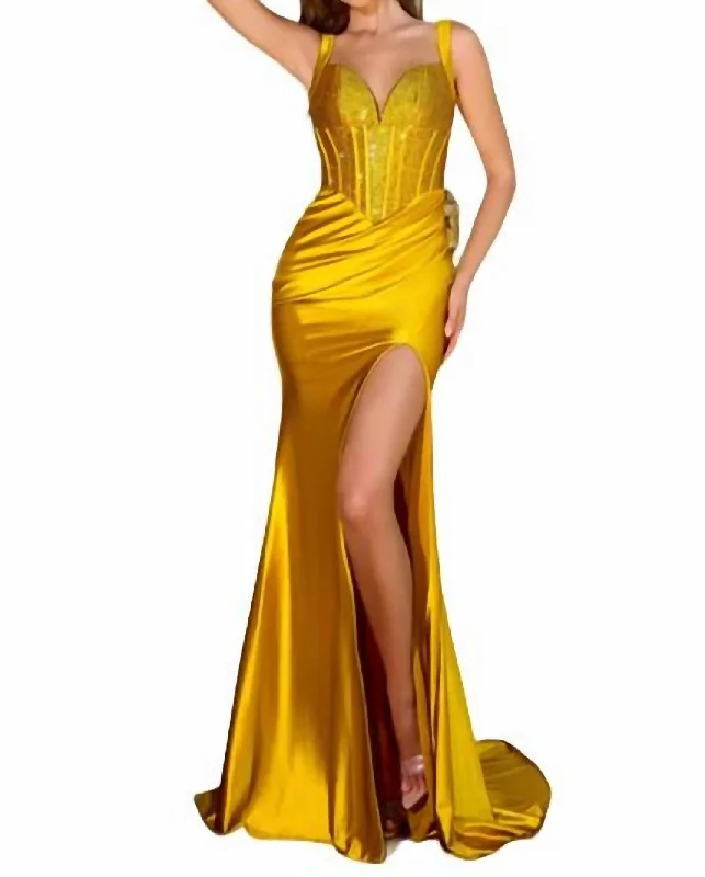 Midnight Madness Thigh-High Slit Prom Dress In Yellow