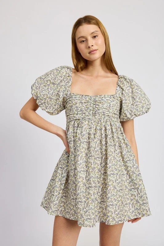 YEAR-End Sale SQUARED NECK RUCHED MINI DRESS WTIH PUFF SLEEVES
