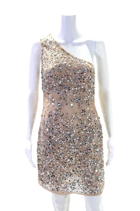 New Arrival Mac Duggal Womens Sequined One Shoulder Sleeveless Dress Nude Beige