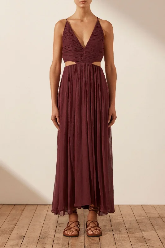 Friends and Family Sale MARQUIS RUCHED CUT OUT MIDI DRESS - DEEP WINE