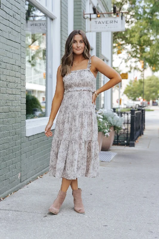 Midnight Sale Taupe Print Tiered Midi Dress - DOORBUSTER