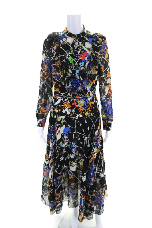 Online Only Preen By Thornton Bregazzi Womens Black Ruffle Floral V-Neck Shift Dress
