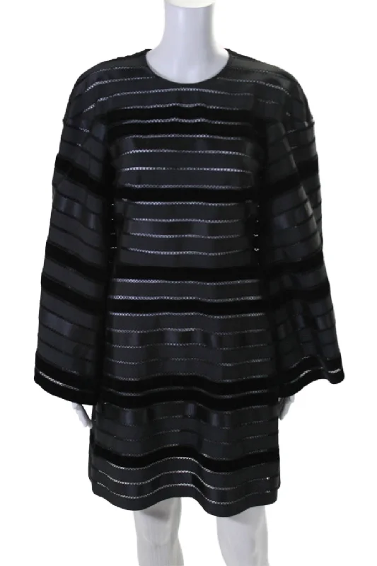 Savings Alert Thom Browne Womens Black Velvet Trim Bell Long Sleeve Shift Dress