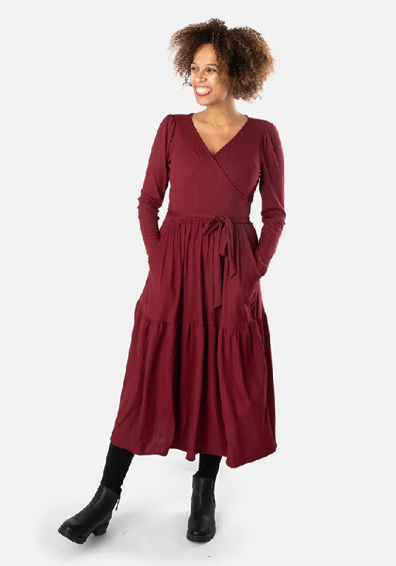 Value Deals Deana Wine Tiered Hem Midi Dress