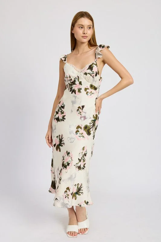 YEAR-End Sale FLORAL MIDI DRESS WITH LACE DETAIL