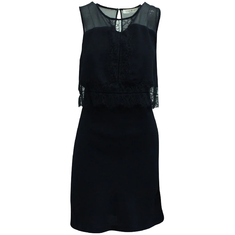 Price Smash Sandro Paris Lace Detailed Mini Dress in Navy Blue Viscose