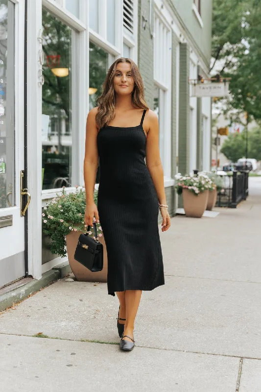 Savings Galore Black Ribbed Midi Tank Dress - FINAL SALE
