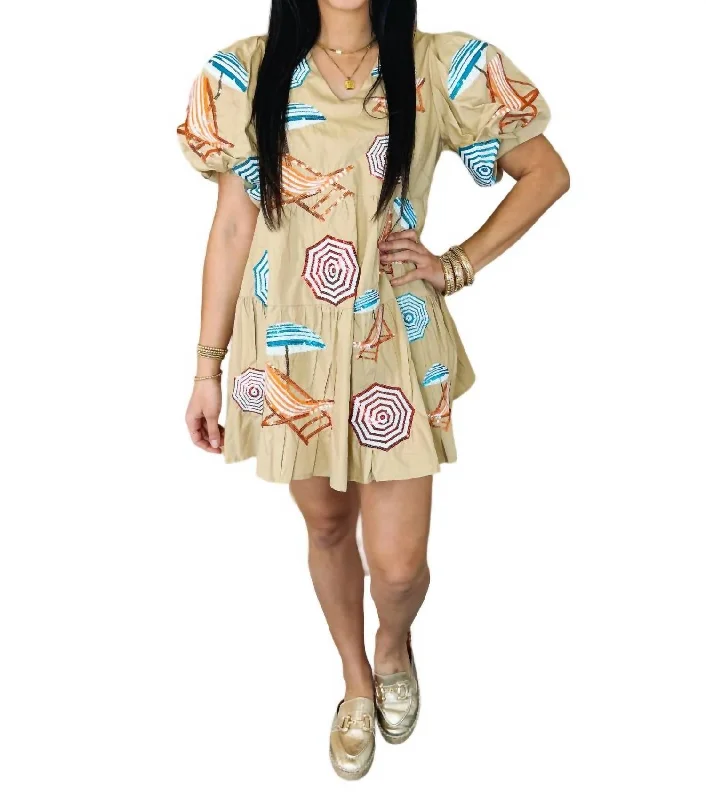 Take Advantage Umbrella & Chairs Poof Sleeve Dress In Tan