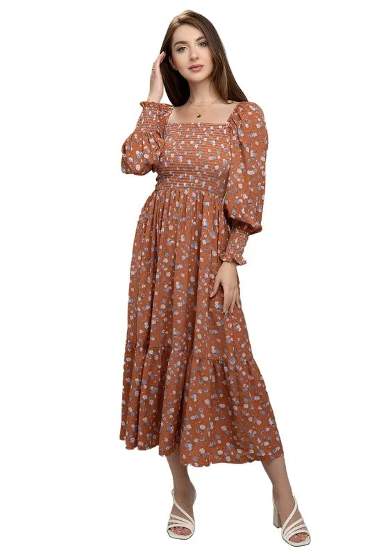 Sale Event Floral Print Shirred Ruffle Hem Dress