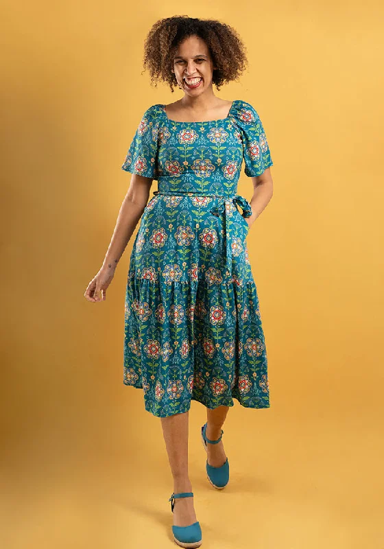 Big Discounts Jovita Tile Floral Print Tiered Hem Midi Dress
