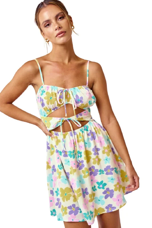 Blowout Deals FLORAL CUT OUT SMOCKED BACK STRAPPY MINI DRESS