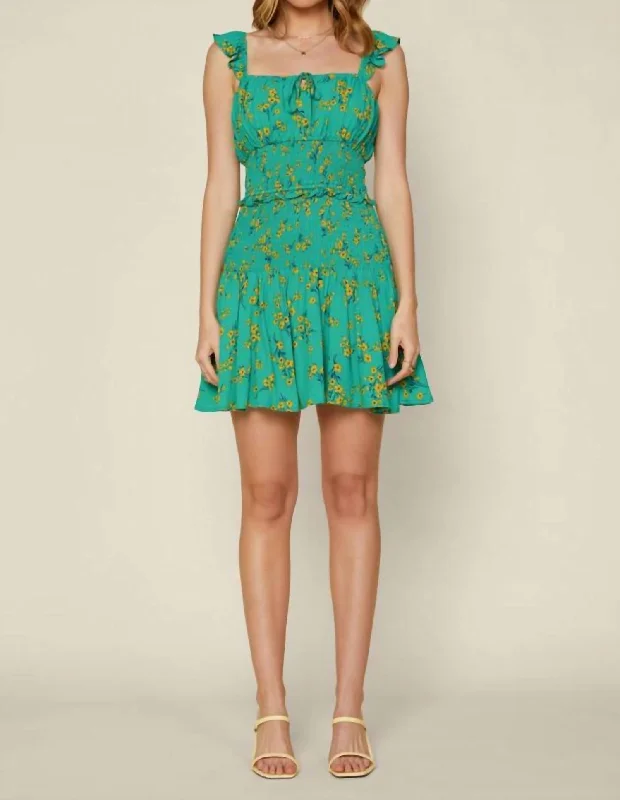 Special Promotion Floral Smocked Mini Dress In Green/yellow