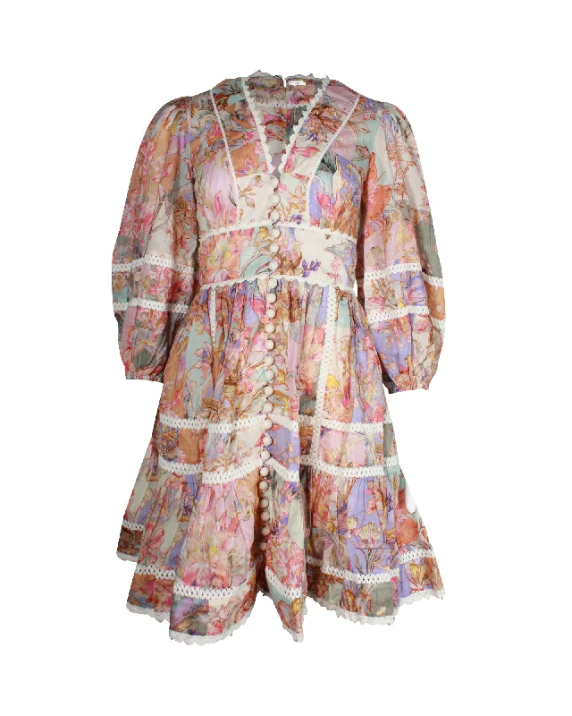 Great Bargains Zimmermann Cira Lantern Puff-sleeve Floral Mini Dress in Multicolor Linen