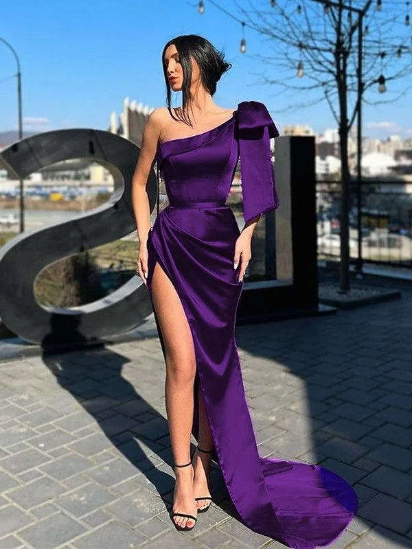 Markdowns Sheath/Column Satin Bowknot One-Shoulder Sleeveless Sweep/Brush Train Dresses