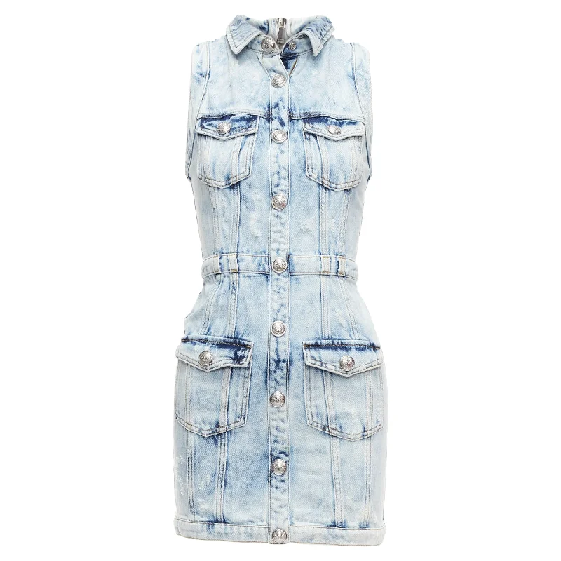 Savings Alert Balmain Distressed Denim Silver Buttons 4 Pocket Fitted Dress