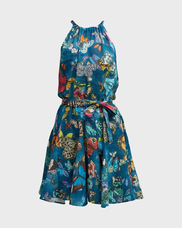 Great Deals Butterfly-Print Linen Halter Mini Dress