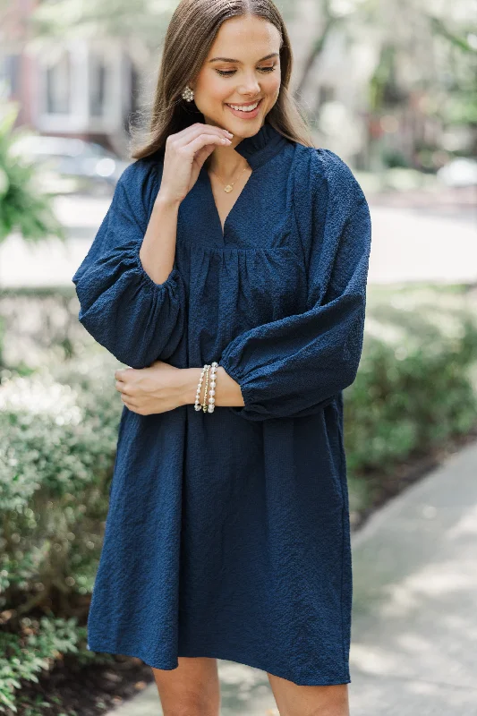 Price Rollback Above And Beyond Navy Blue Textured Shift Dress
