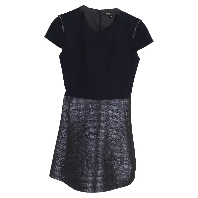 Special Discount Maje Mini Two-Tone Short Sleeve Dress in Navy Blue and Silver Polyester
