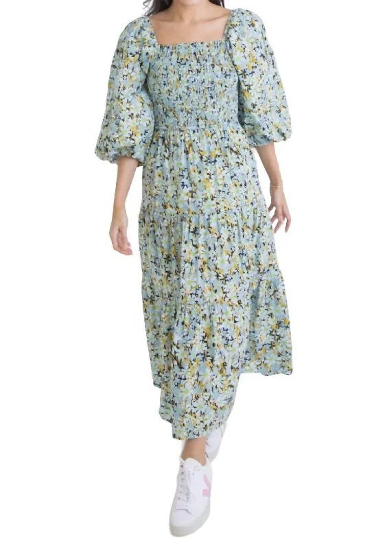 Low Prices Poplin Smock Tier Dress In Blue Floral