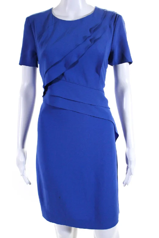 Limited Time Discount Escada Womens Short Sleeve Ruffle Crew Neck Sheath Dress Blue
