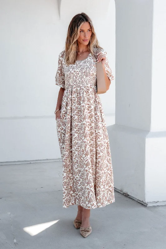 Lowest Price Cream Print Smocked Maxi Dress - FINAL SALE