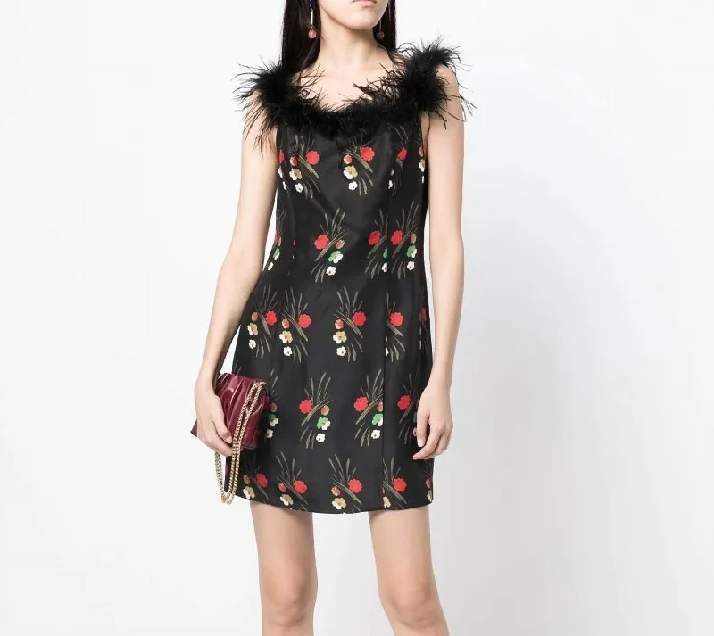 Price Drop Floral-Print Feather-Trim Mini Dress In Black