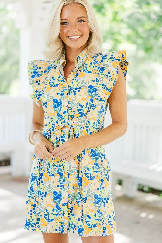 Final Clearance Know Your Strengths Yellow Ditsy Floral Dress