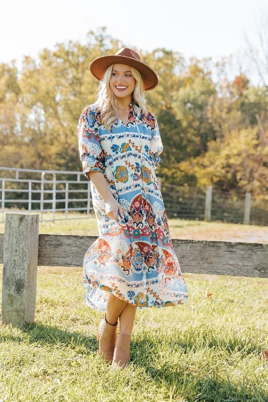 Markdowns Blue Multi Border Print Midi Dress - FINAL SALE