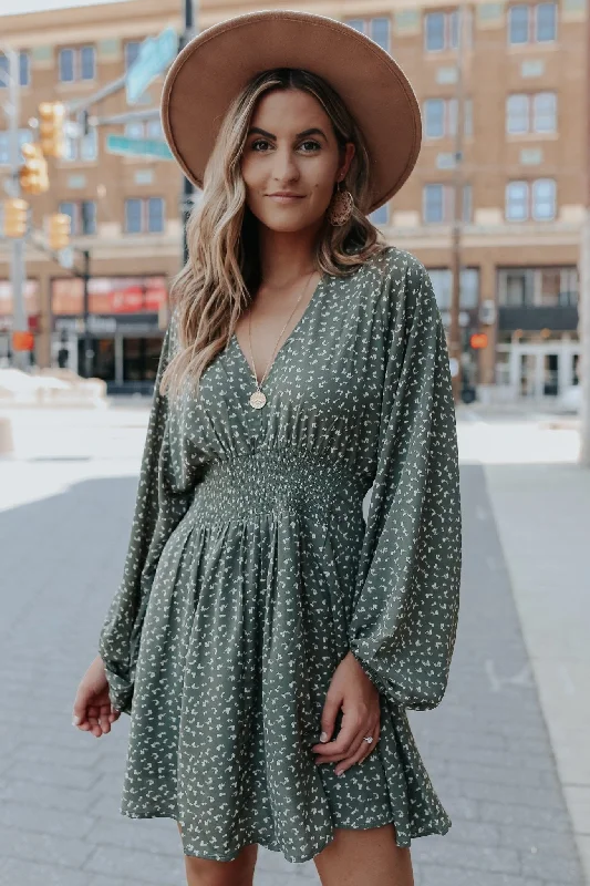 Bargain Bin Olive Print V Neck Smocked Mini Dress - FINAL SALE