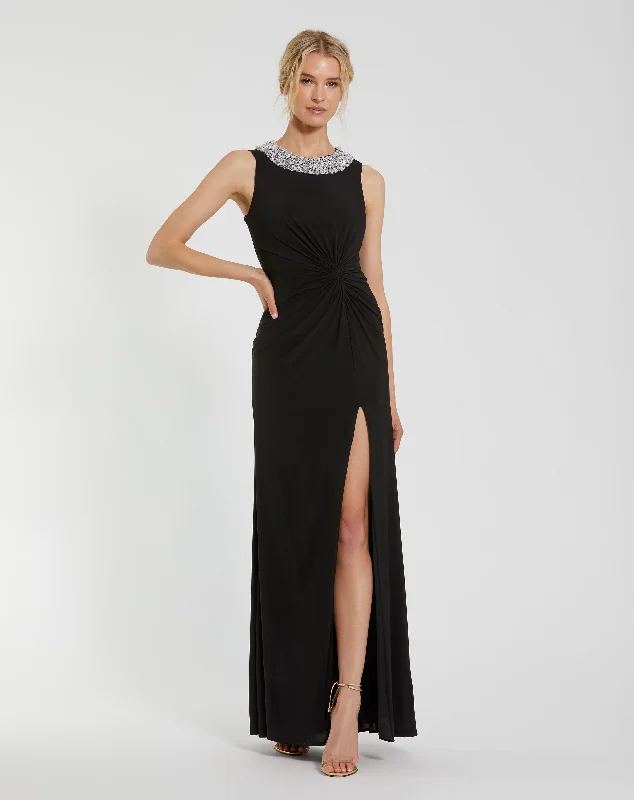 Epic Deals Jersey Sleeveless Beaded Neck Gown With Twist