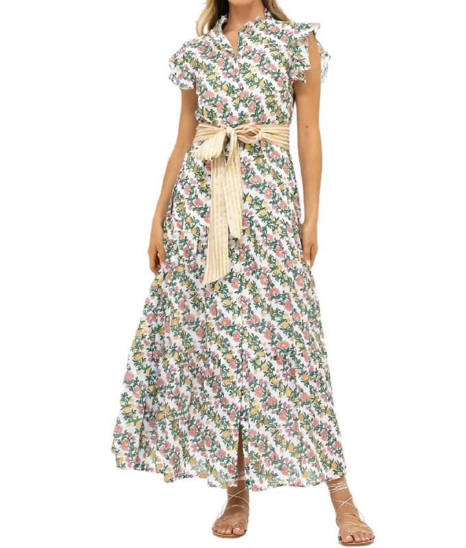 Stock Clearance Ruffle Collar Button Maxi Dress In Lupine Coral