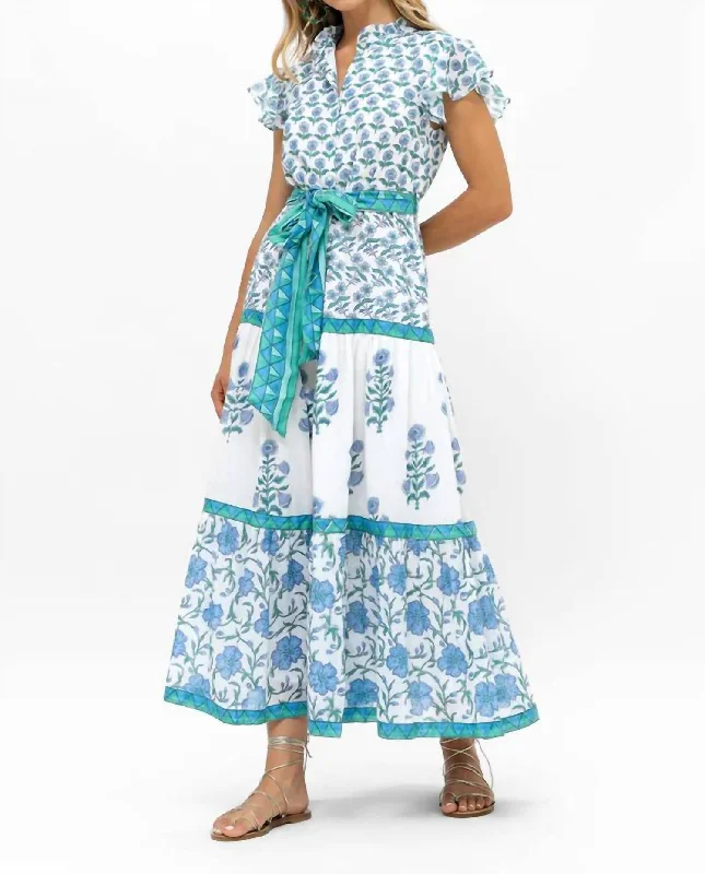 Can't Be Beat Ruffle Collar Button Maxi In Terra Blue