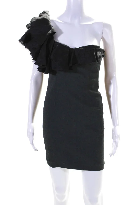 Midnight Madness Isabel Marant Womens Linen Ruffled One Shoulder Sleeveless Dress Black