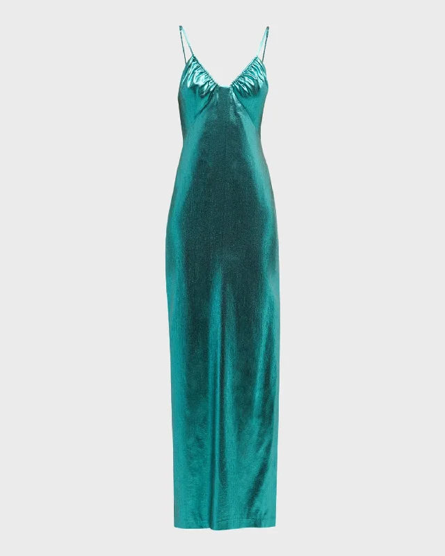 Price Reduction Sleeveless Scoop-Neck Lame Column Maxi Dress