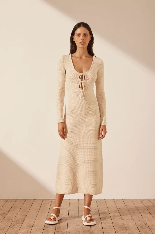 Deal Zone EVE LONG SLEEVE KEYHOLE MIDI DRESS - BONE