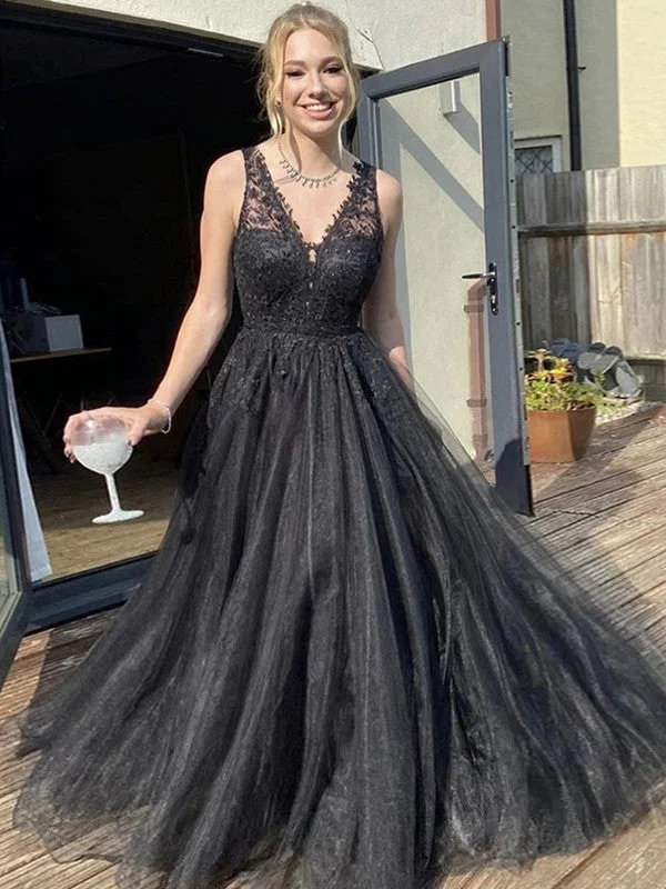 New Deals A-Line/Princess Tulle Applique V-neck Sleeveless Sweep/Brush Train Dresses