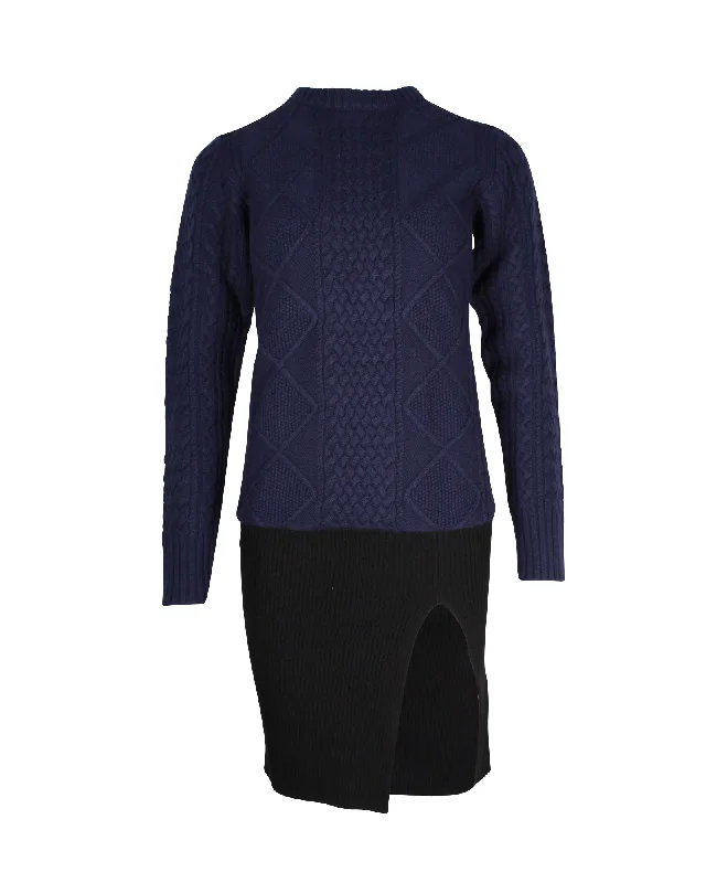 Deal of the Day Sacai Textured Knit Side Slit Mini Dress in Navy Blue and Black Wool