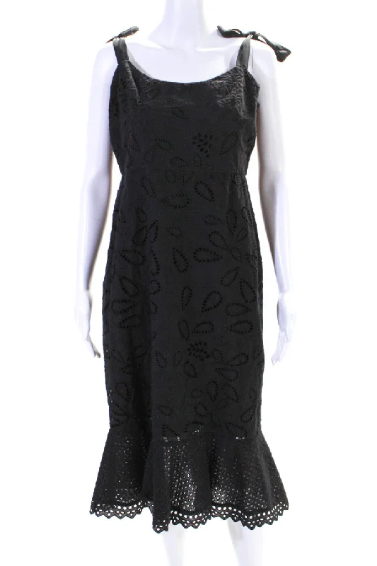 Unmissable Offer Saloni Womens Embroidered Eyelet Tie Strap Midi Sheath Dress Black